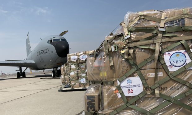 (Pallets of donated goods that will be taken to Nepal by the 151st ARW.  Photo: Paul Nelson, August...