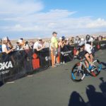 Kyle Brown straps in his shoes as he starts the bike portion of the IronMan. (Lindsay Aerts/KSL NewsRadio)