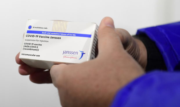 FILE - In this April 13, 2021, file photo, a box of Johnson & Johnson vaccines are shown by pha...