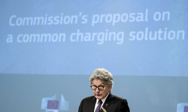 European Commissioner for Internal Market Thierry Breton speaks during a media conference on a comm...