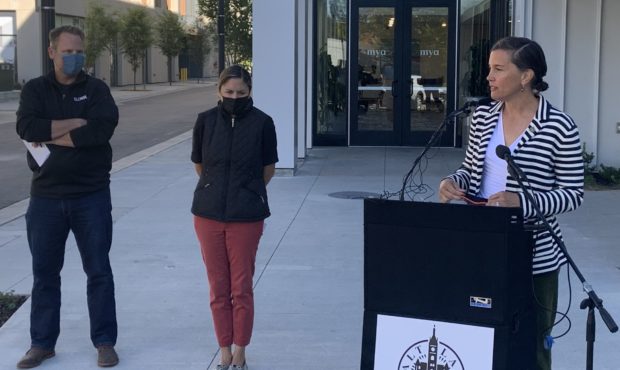 (Salt Lake City Mayor Erin Mendenhall, at podium, announcing $8 million dollars set aside for affor...