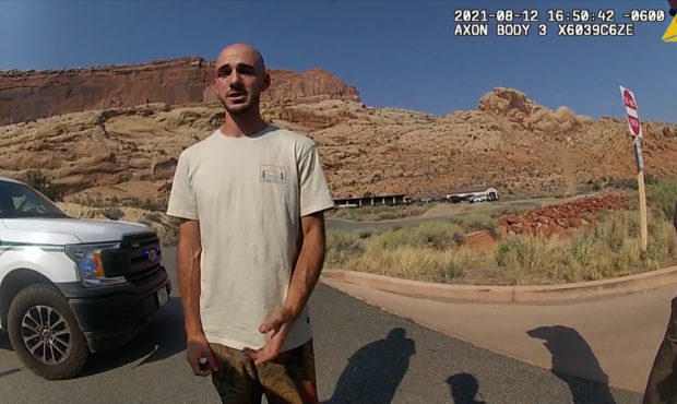 Bodycam footage from the Moab Police Department that shows them talking with Brian Laundrie is seen...