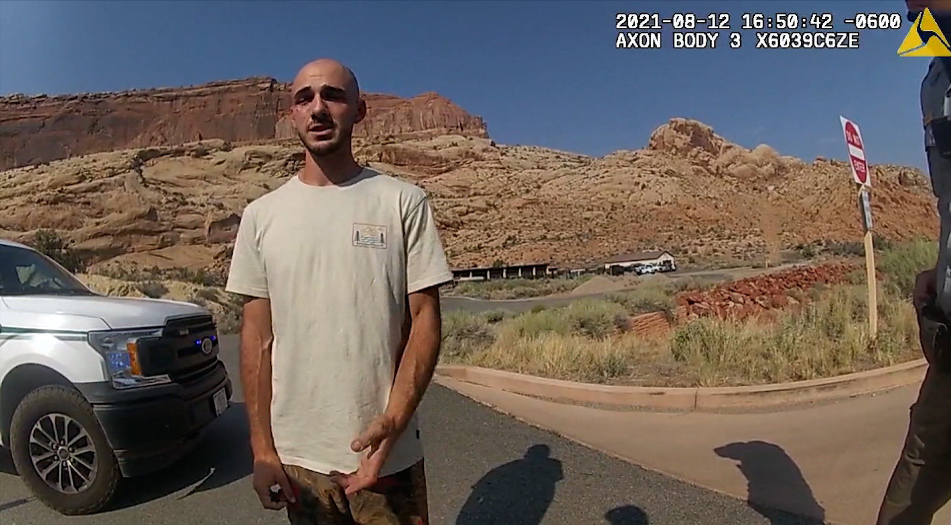 Bodycam footage from the Moab Police Department that shows them talking with Brian Laundrie is seen...