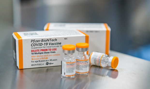 FILE - This October 2021, photo provided by Pfizer shows kid-size doses of its COVID-19 vaccine in ...
