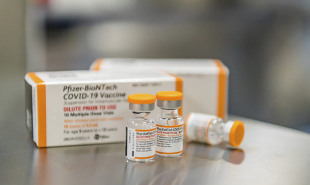 This October 2021 photo provided by Pfizer shows kid-size doses of its COVID-19 vaccine in Puurs, B...