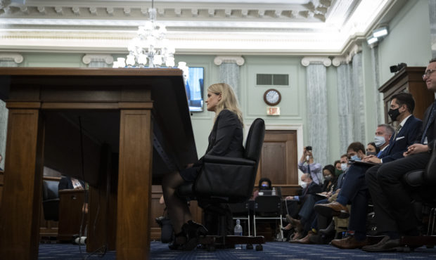 Former Facebook employee and whistleblower Frances Haugen testifies during a Senate Committee on Co...