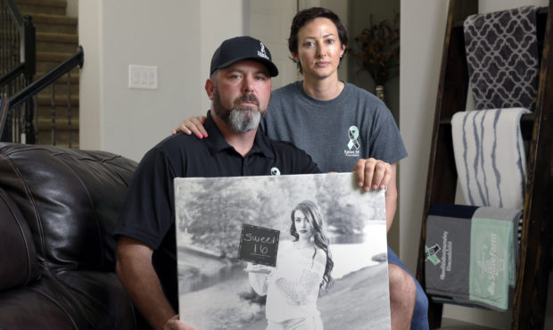 In this Oct. 12, 2021, photo, David and Wendy Mills, parents of Kailee Mills who was killed four ye...