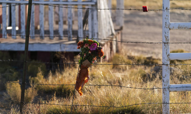 A bouquet of flowers is left to honor cinematographer Halyna Hutchins outside the Bonanza Creek Ran...