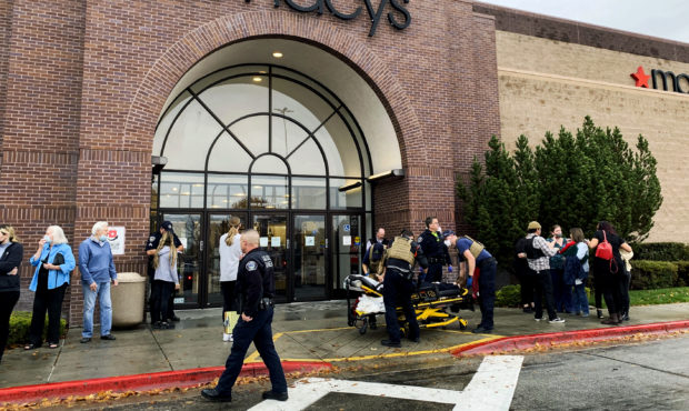 Police and emergency crews respond to a reported shooting at the Boise Towne Square shopping mall M...