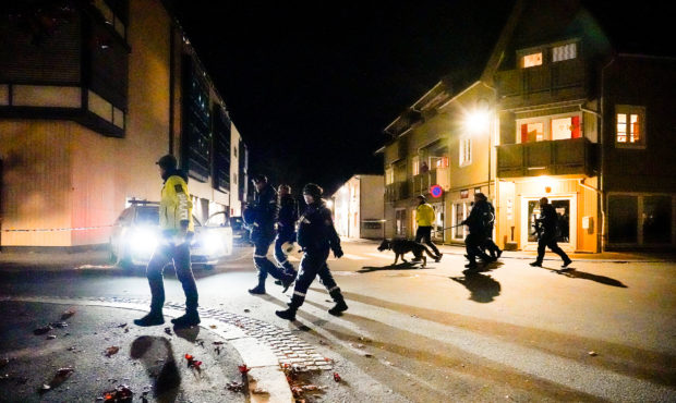 Police at the scene after an attack in Kongsberg, Norway, Wednesday, Oct. 13, 2021. Several people ...