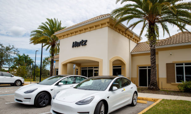 Tesla Model 3 electric vehicles at a Hertz location.
Mandatory Credit:	Hertz...