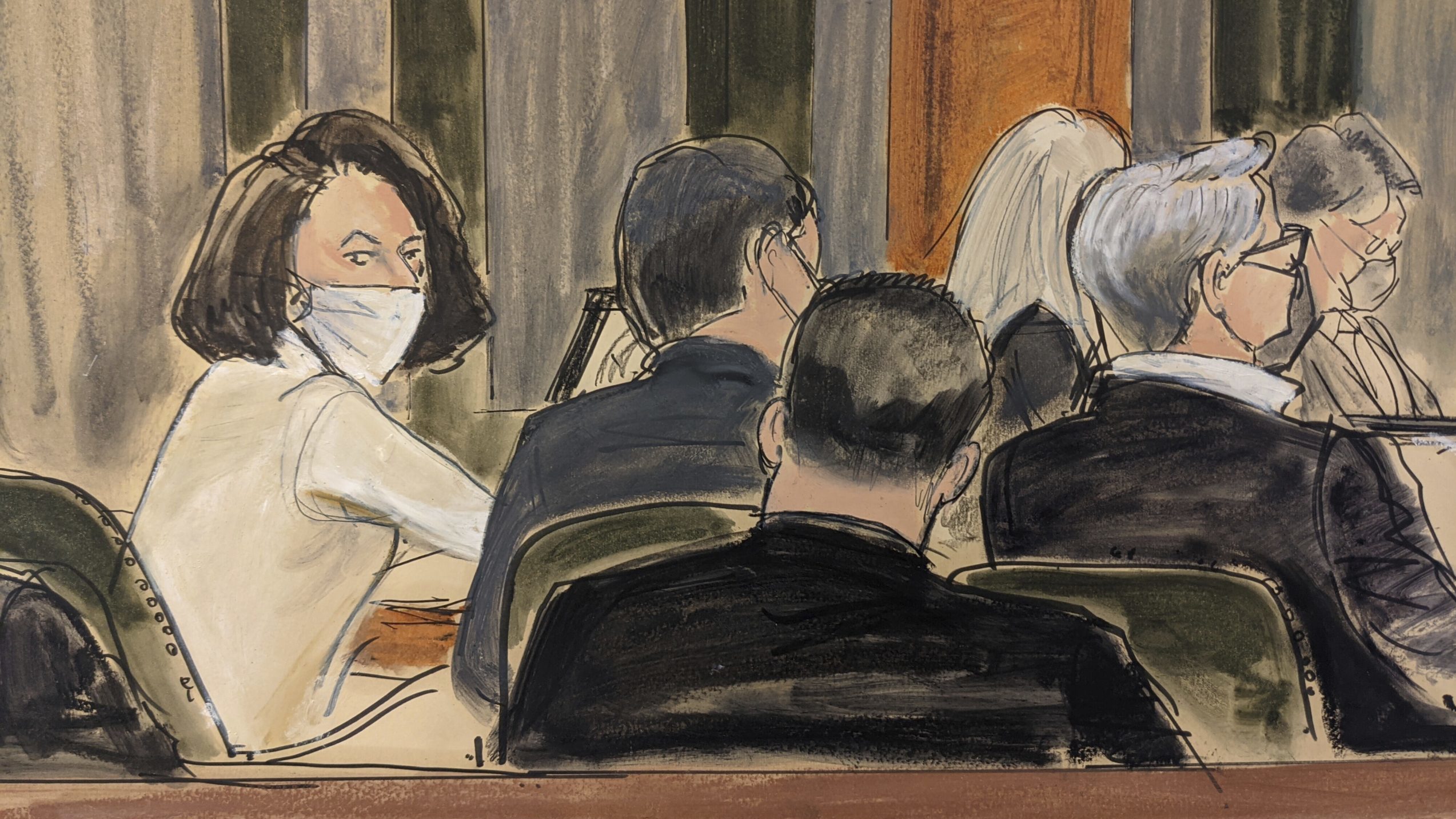 In this courtroom sketch, Ghislaine Maxwell sits at the defense table during final stages of jury s...