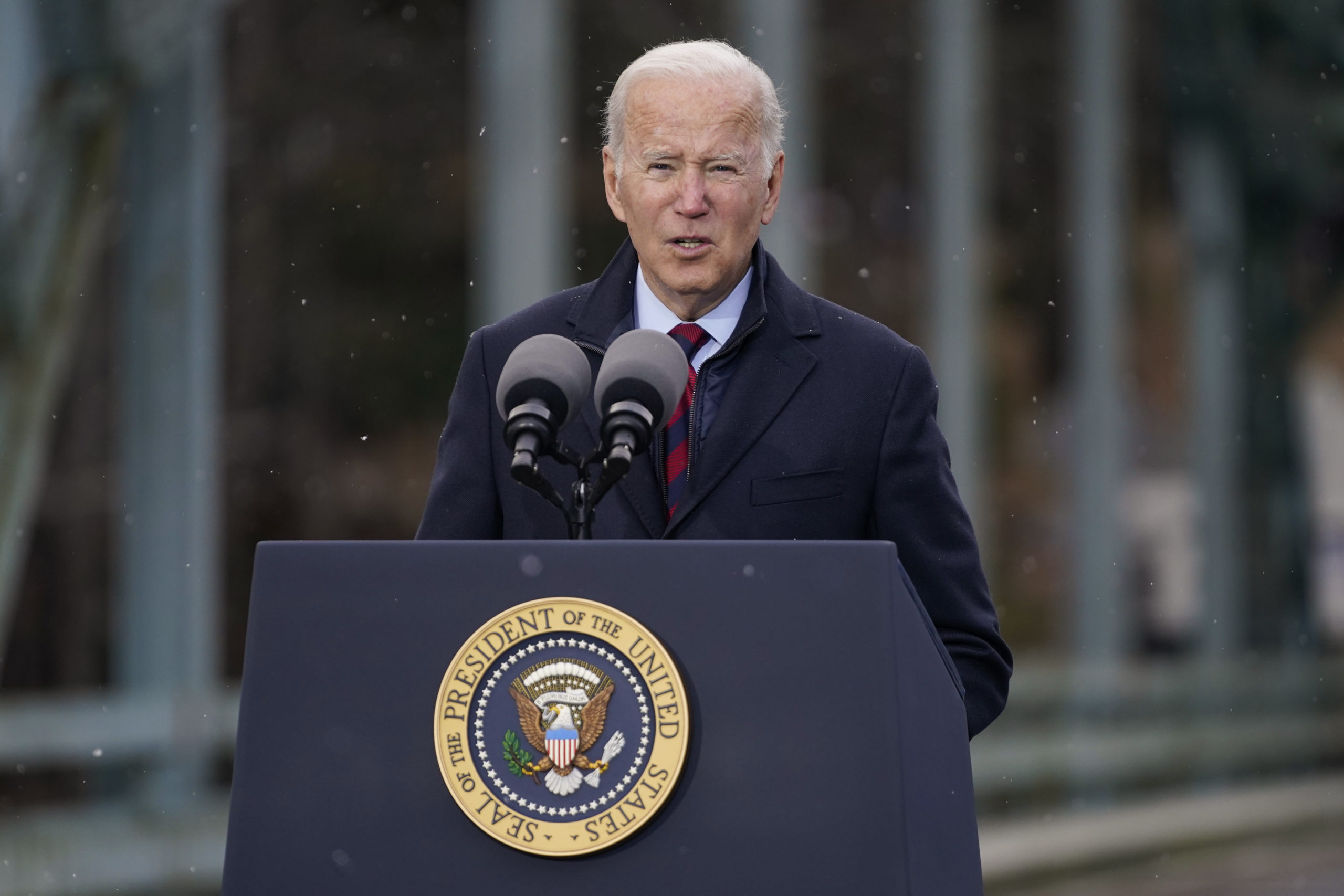 FILE - President Joe Biden speaks during a visit to the NH 175 bridge over the Pemigewasset River t...