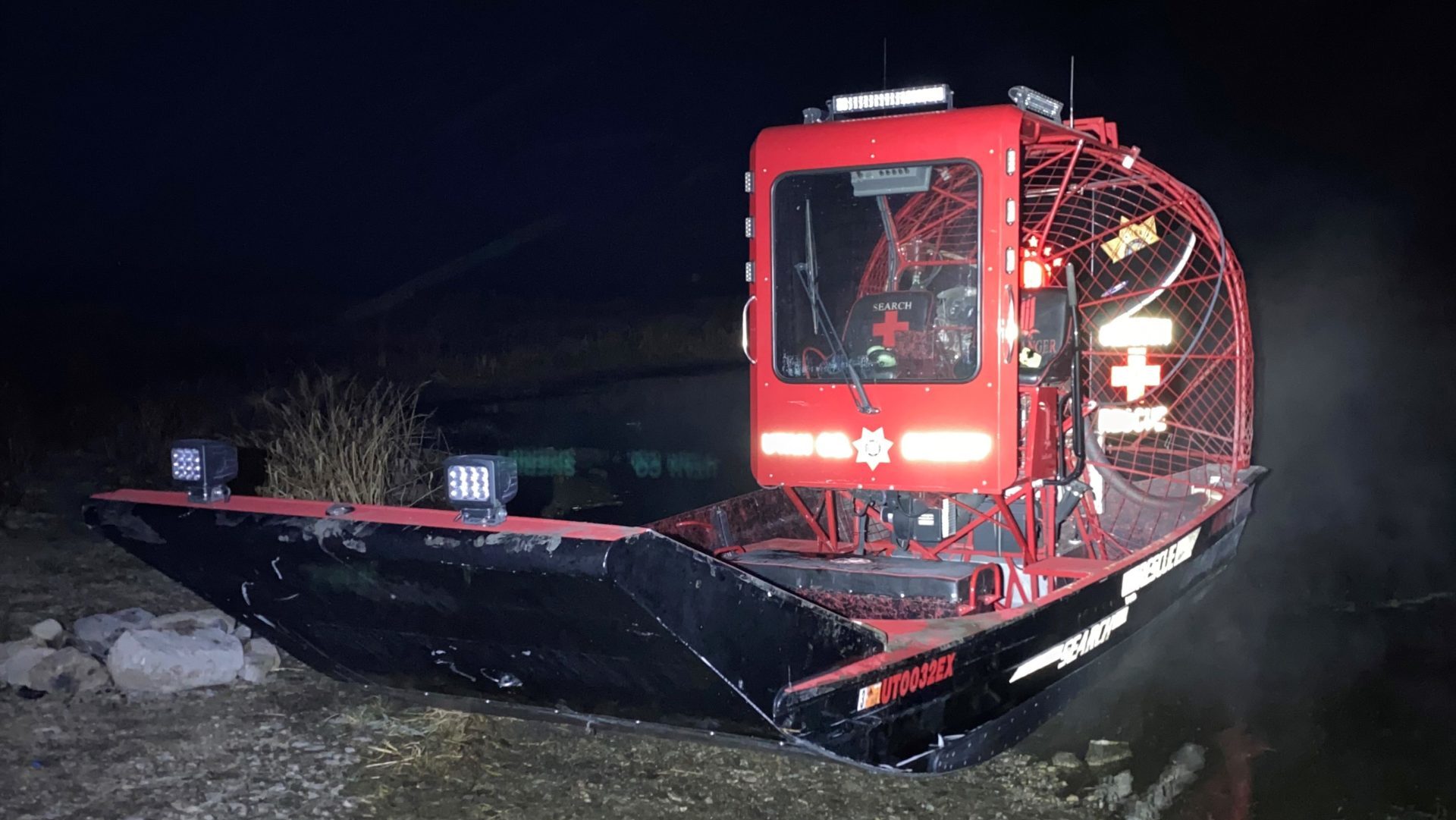 A picture of an airboat that was used to rescue a 19-year-old woman stuck in the mud in Provo Bay f...
