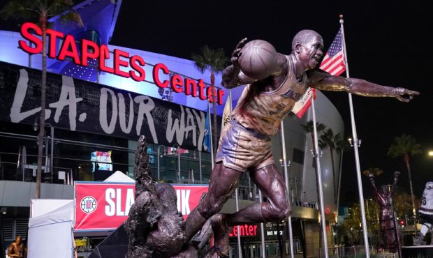 The statue of former Los Angeles Lakers Magic Johnson is seen in front of Staples Center following ...