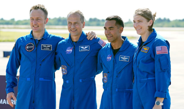 Crew 3 astronauts, from left, European Space Agency astronaut Matthias Maurer, of Germany, NASA ast...