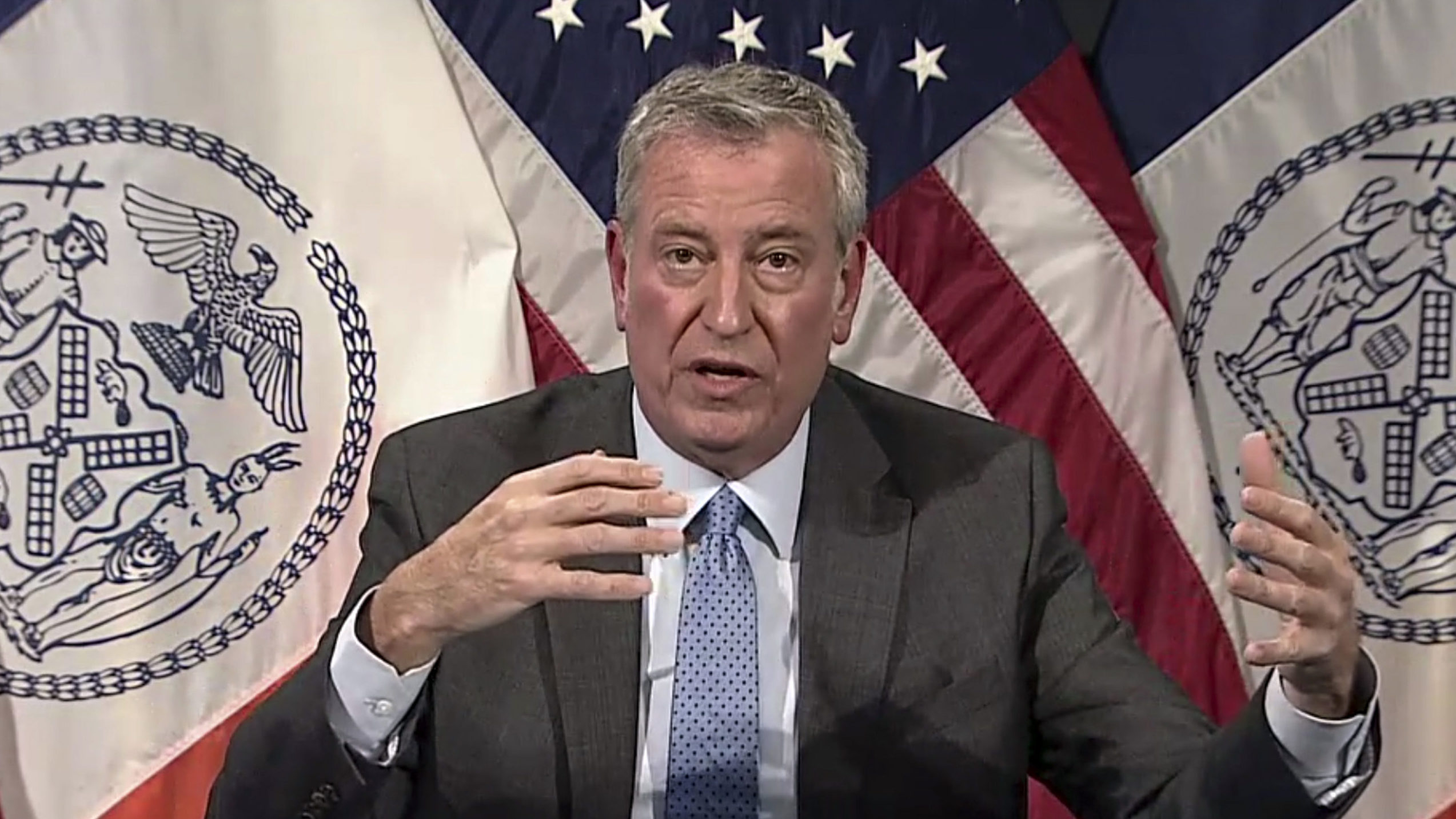 In this image taken from video, New York Mayor Bill de Blasio speaks during a virtual press confere...