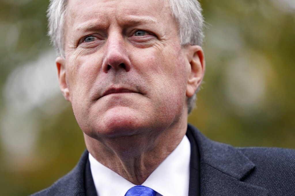 FILE - White House chief of staff Mark Meadows speaks with reporters outside the White House, Oct. ...