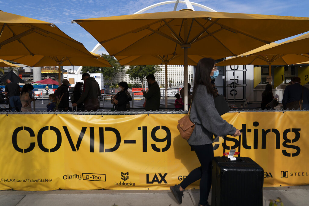 Travelers wait in line to get tested for COVID-19 at Los Angeles International Airport in Los Angel...