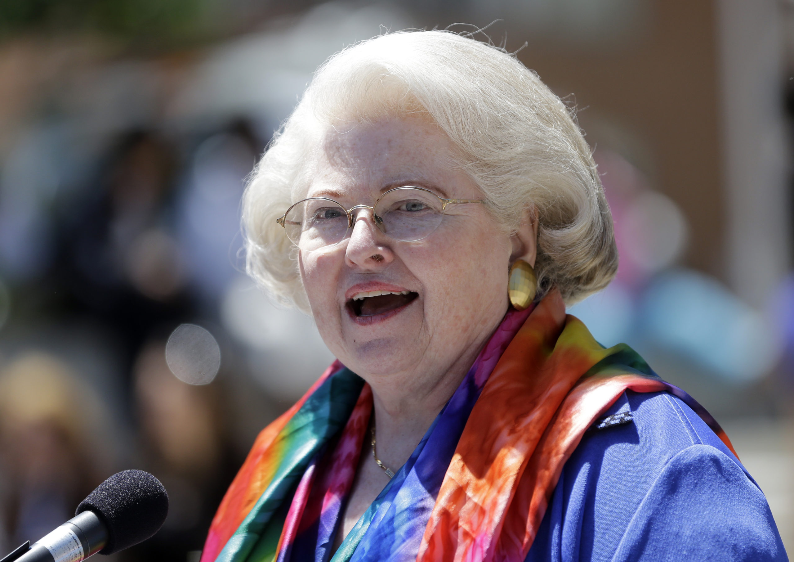 FILE - Attorney Sarah Weddington speaks during a women's rights rally on Tuesday, June 4, 2013, in ...