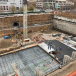 Preparation of the steel mat for the concrete pour that will form the foundation of the new floors of the temple during the Temple Square renovation project, Salt Lake City, December 6, 2021.