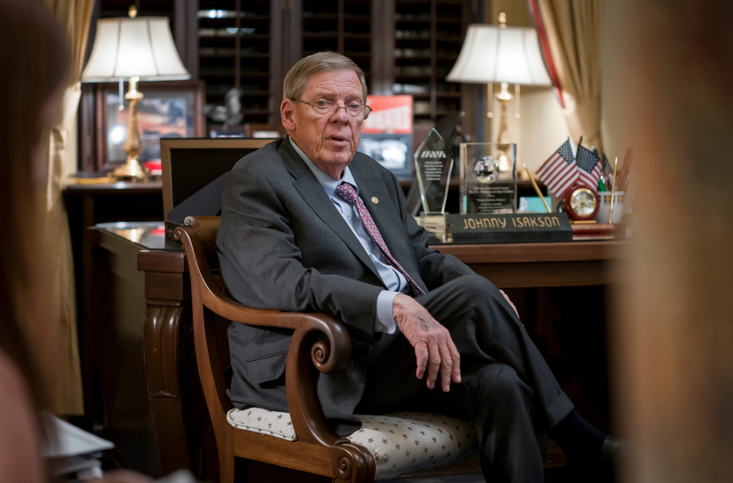 Sen. Johnny Isakson, R-Ga., meets with his staff in his office on Capitol Hill in Washington, Monda...
