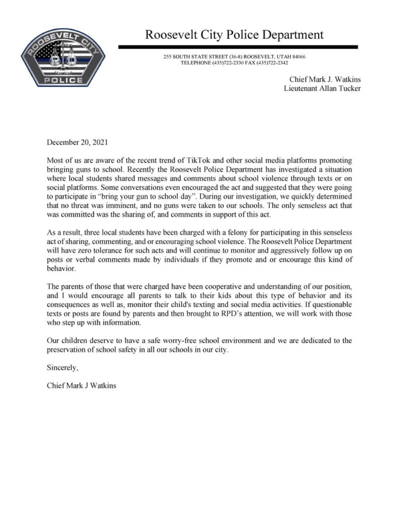 Roosevelt City Police release a statement after three students are charged with felonies for perpetuating threats of violence against the school.