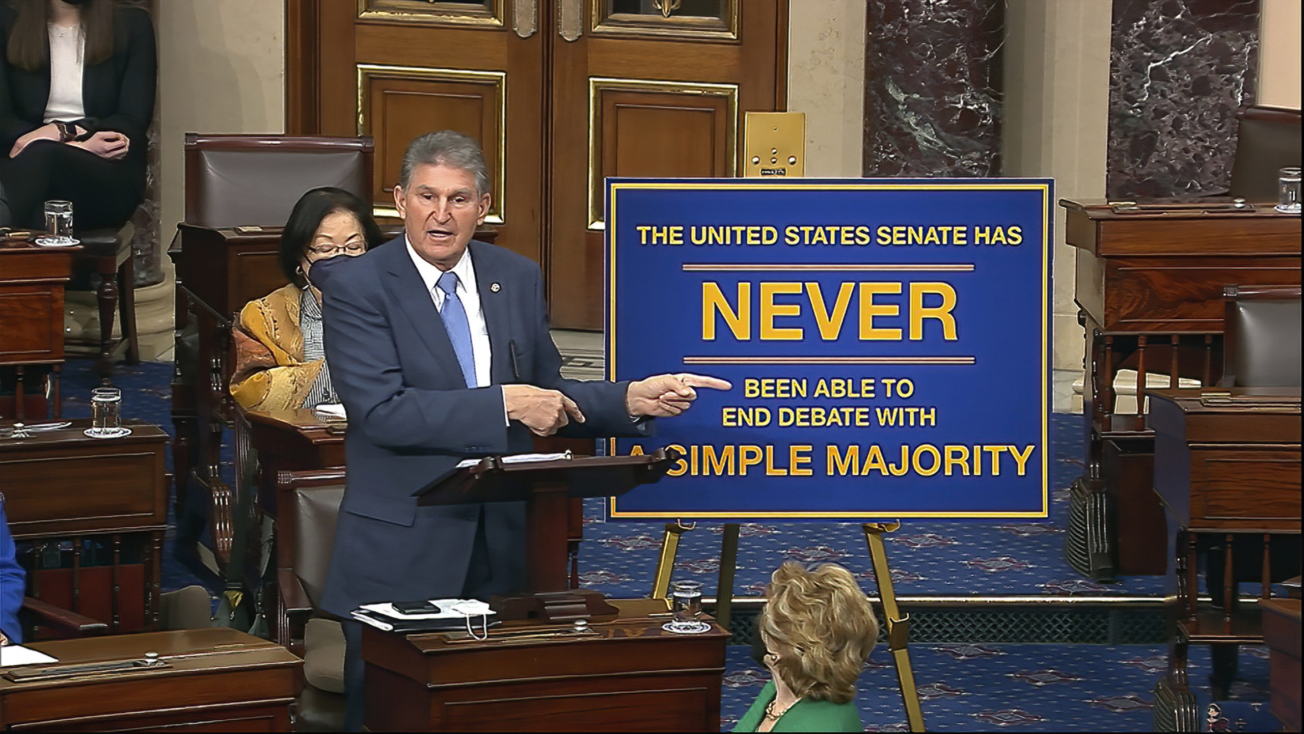 In this image from Senate Television, Sen. Joe Manchin, D-W.Va., speaks on the floor of the U.S. Se...