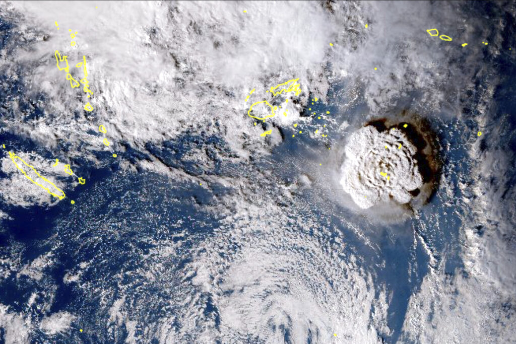 In this satellite image taken by Himawari-8, a Japanese weather satellite, and released by the agen...