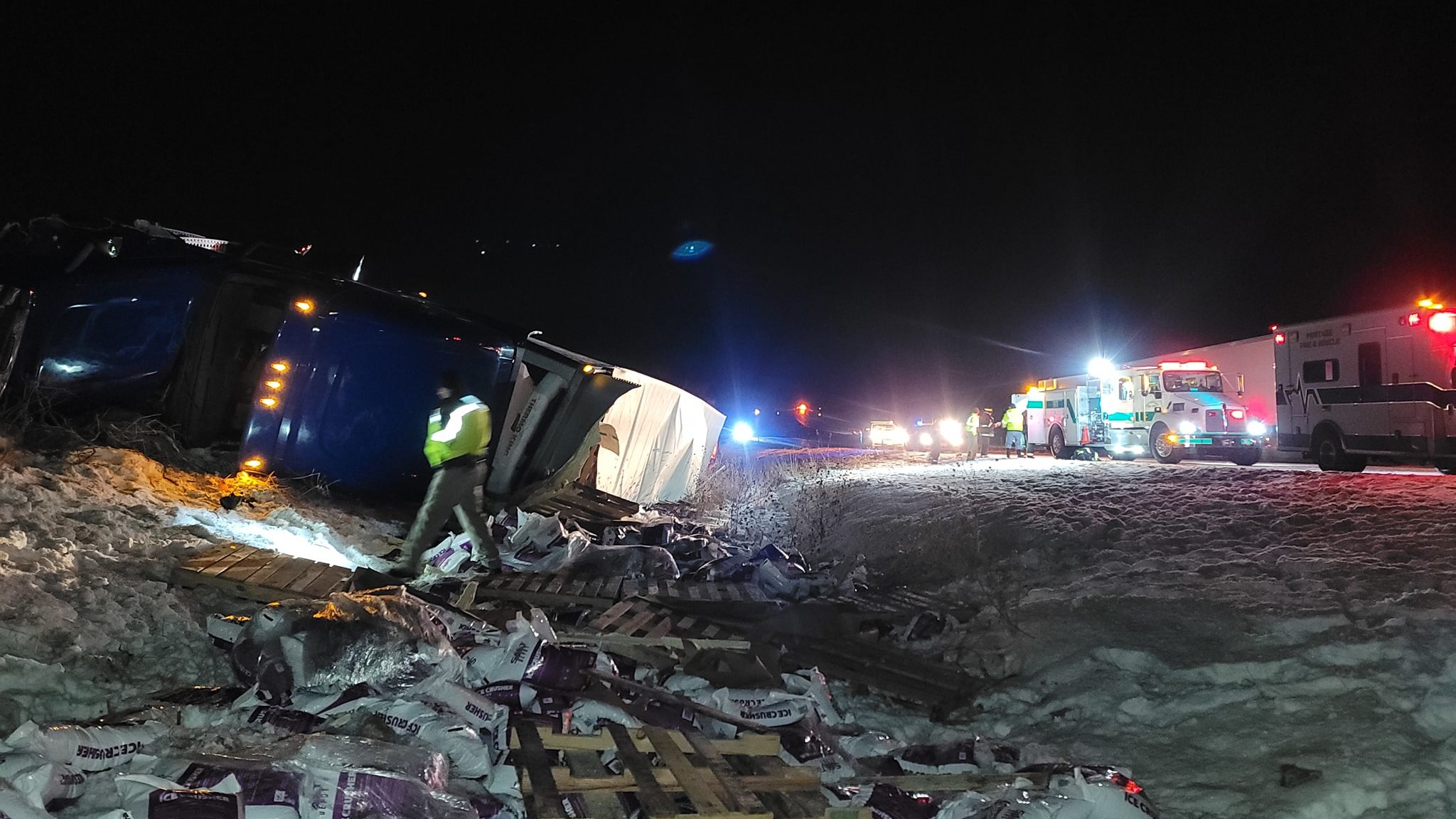 A semi rolled over on northbound I-15 near milepost 391 on Monday night, sending one person to the ...