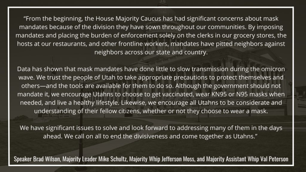 A statement from the Majority Caucus leadership about the mask mandate removal.