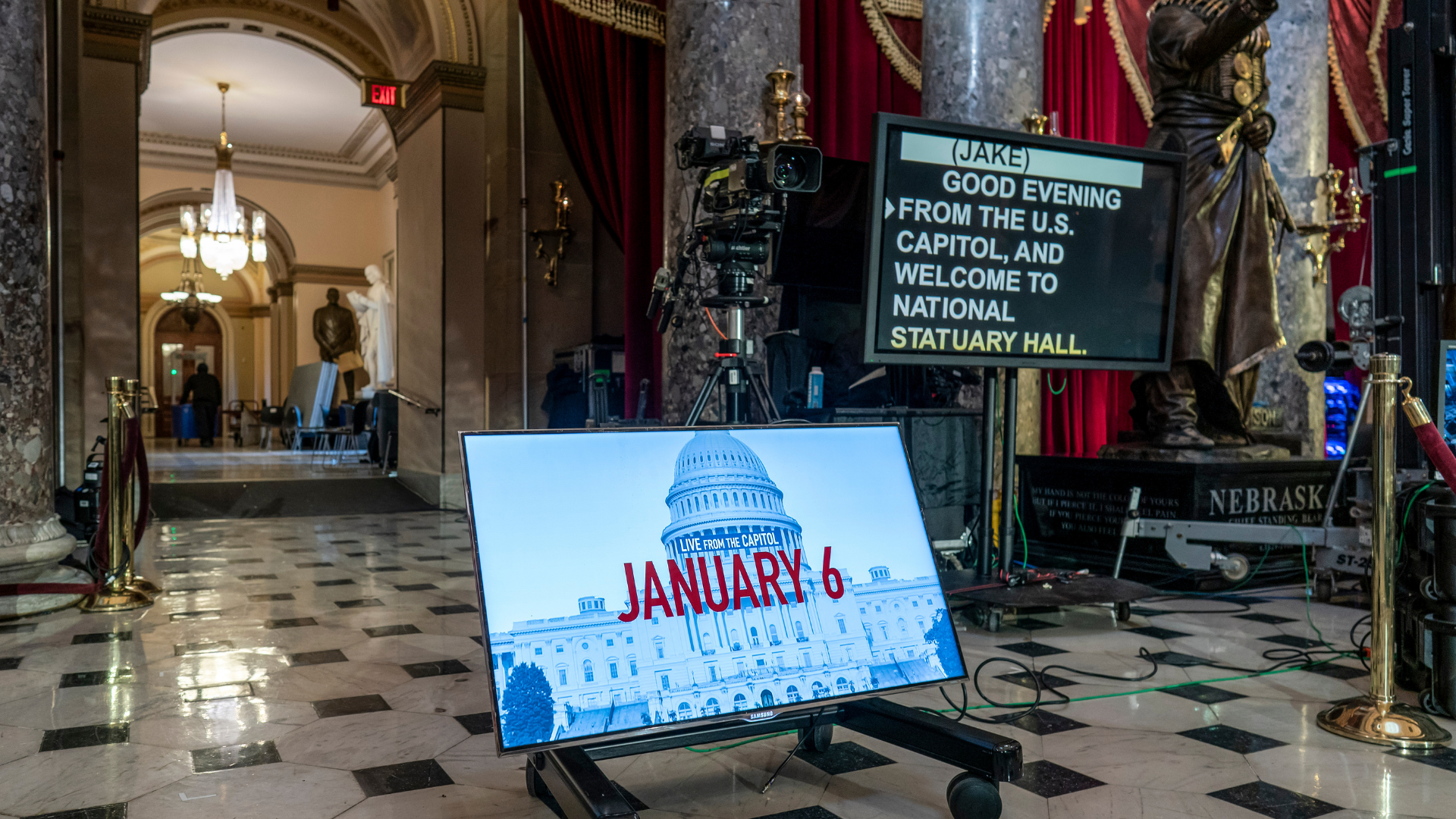A year after the Jan. 6 attack on the Capitol, television cameras and video monitors fill Statuary ...