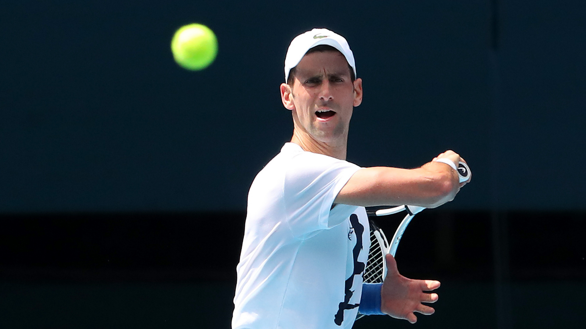 MELBOURNE, AUSTRALIA - JANUARY 11: Novak Djokovic of Serbia practices on Rod Laver Arena ahead of t...