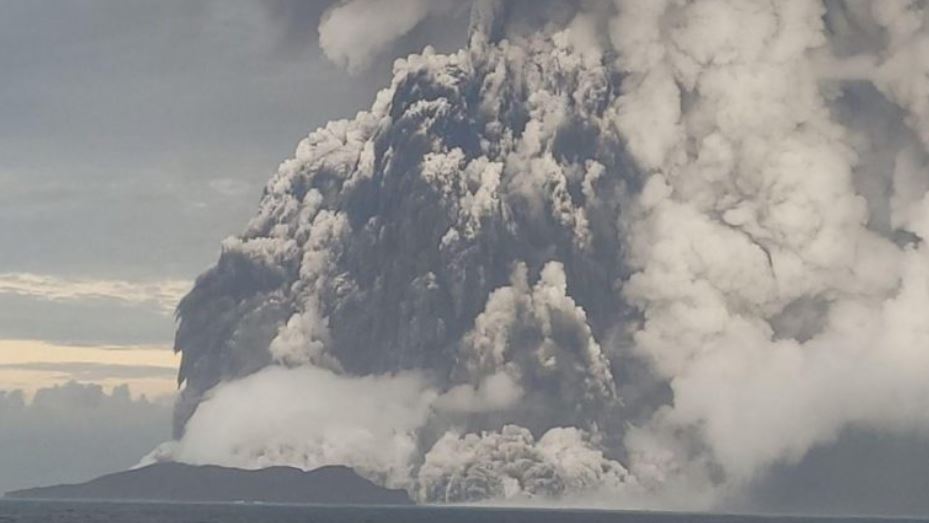 This photo from the Tonga Geological Services shows the Hunga-Tonga-Hunga-Ha’apai eruption and th...