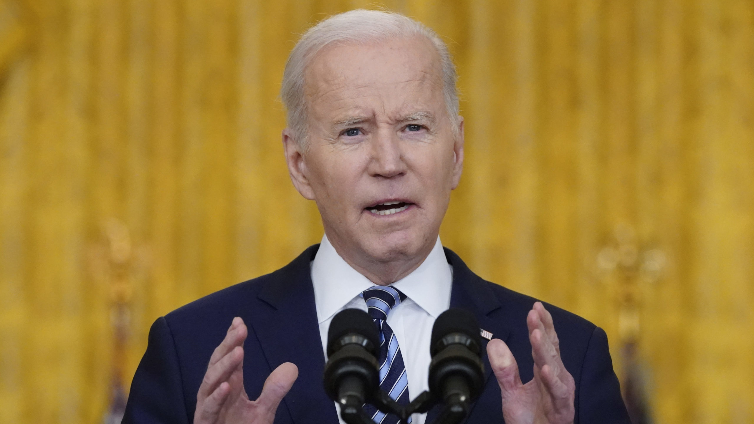 President Joe Biden speaks about the Russian invasion of Ukraine in the East Room of the White Hous...