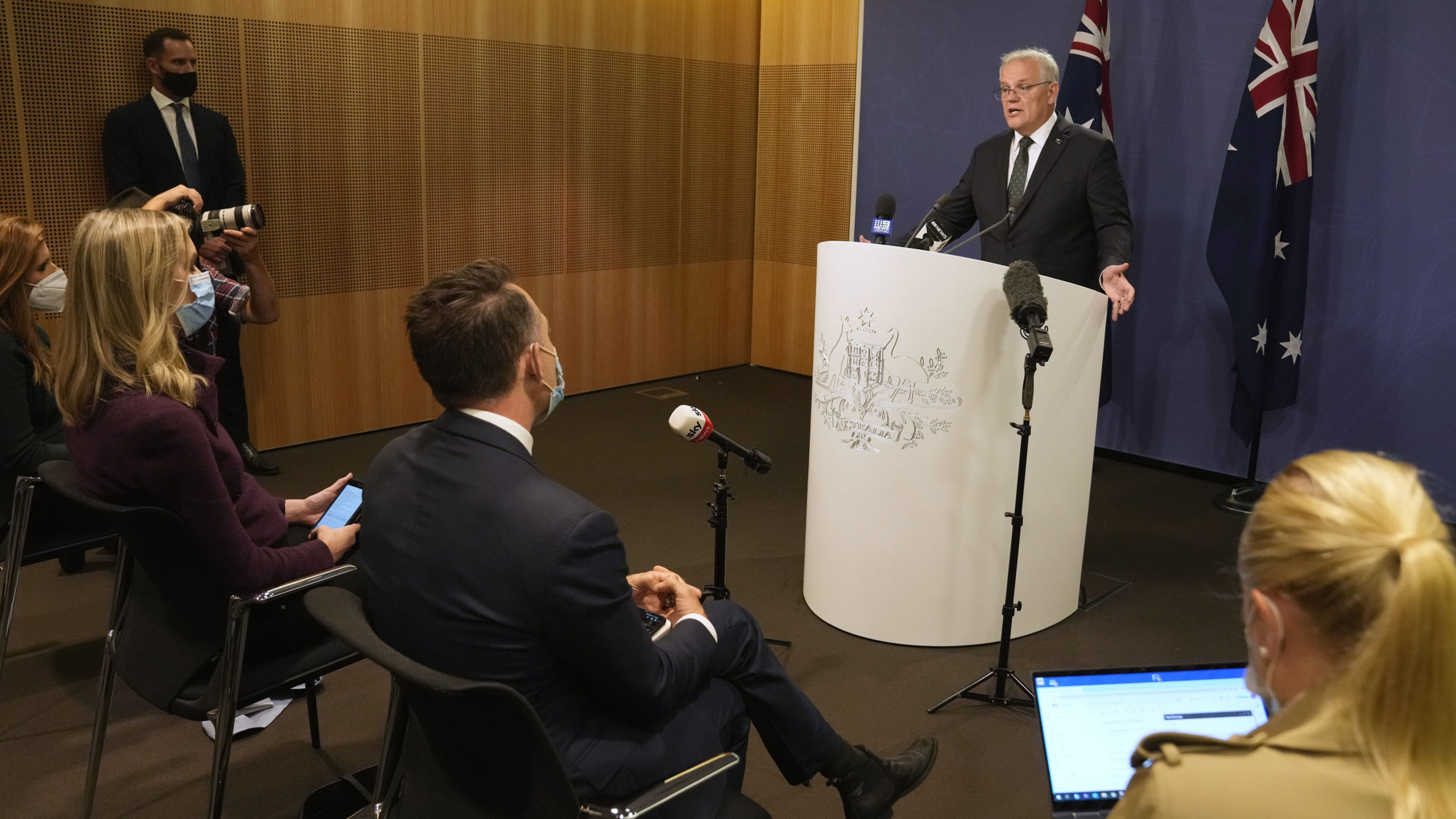 Australian Prime Minister Scott Morrison talks about the situation in Ukraine at a news conference ...