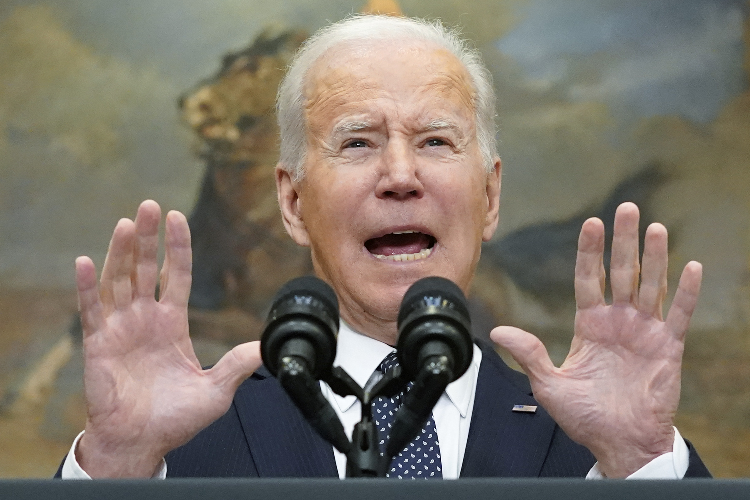 President Joe Biden speaks about Ukraine in the Roosevelt Room of the White House, Friday, Feb. 18,...