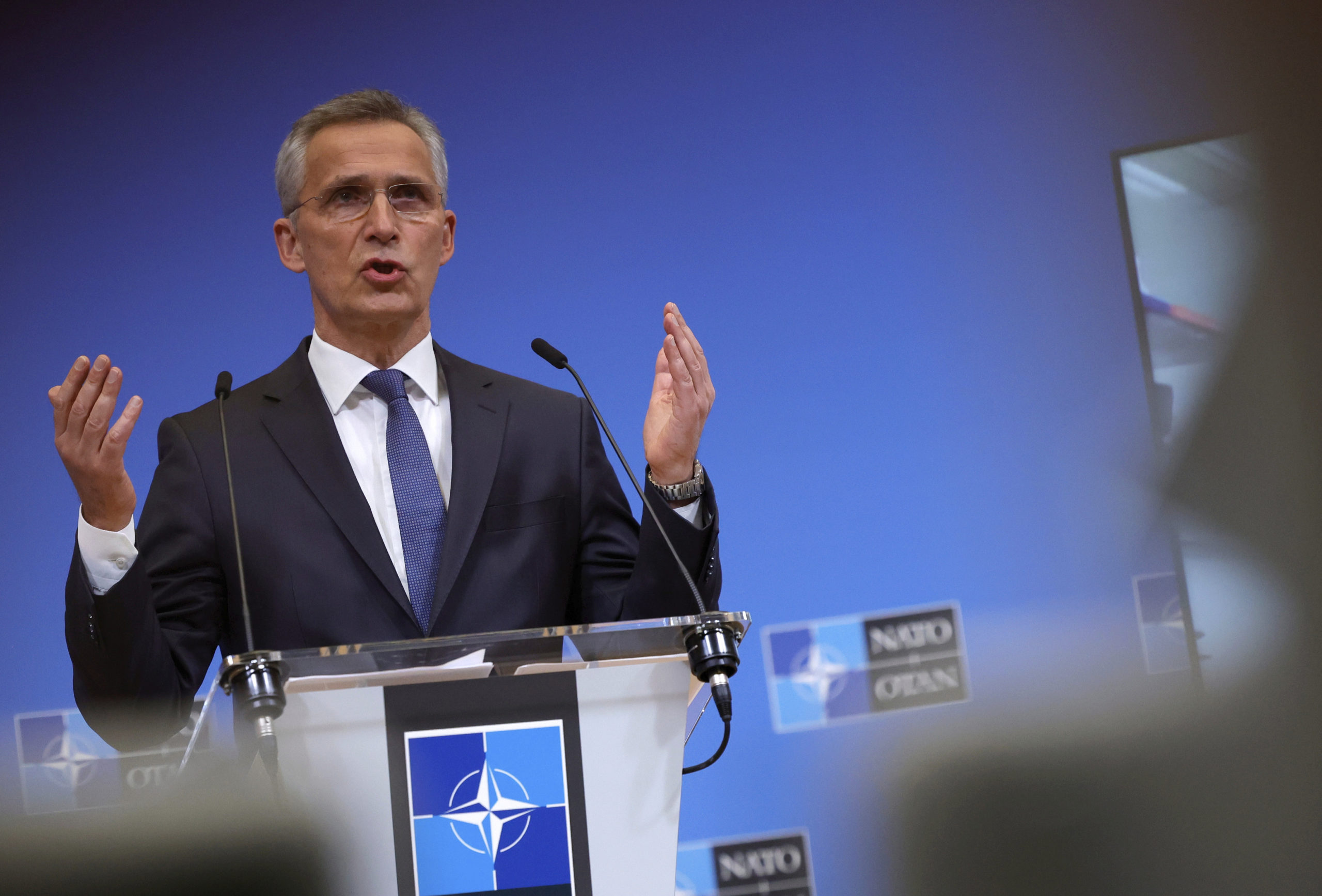 NATO Secretary General Jens Stoltenberg speaks during a media conference after a meeting of the NAT...