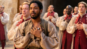 Christian, enchanted with Roxanne sings of his newfound love. Kelvin Harrison Jr. stars as Christian in Joe Wright’s “Cyrano” A Metro Goldwyn Mayer Pictures film. Photo Credit: MGM. 