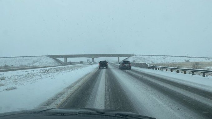 Snow in southern Utah Monday made for slow driving conditions, as pictured here on northbound I-15 ...