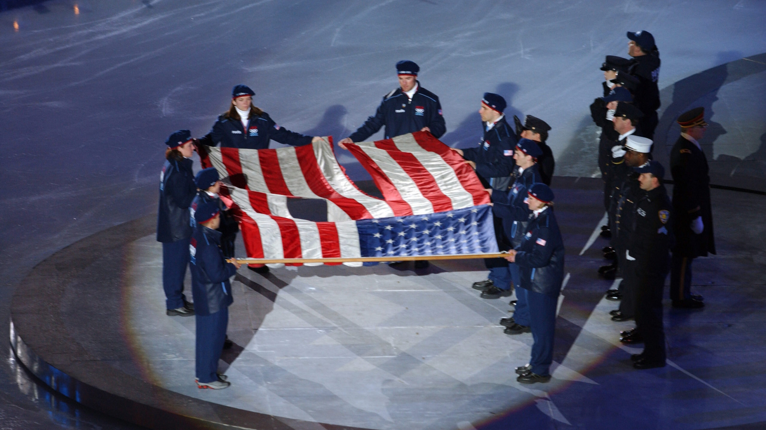 9/11 flag at salt lake 2002 opening ceremony. Winter Games...
