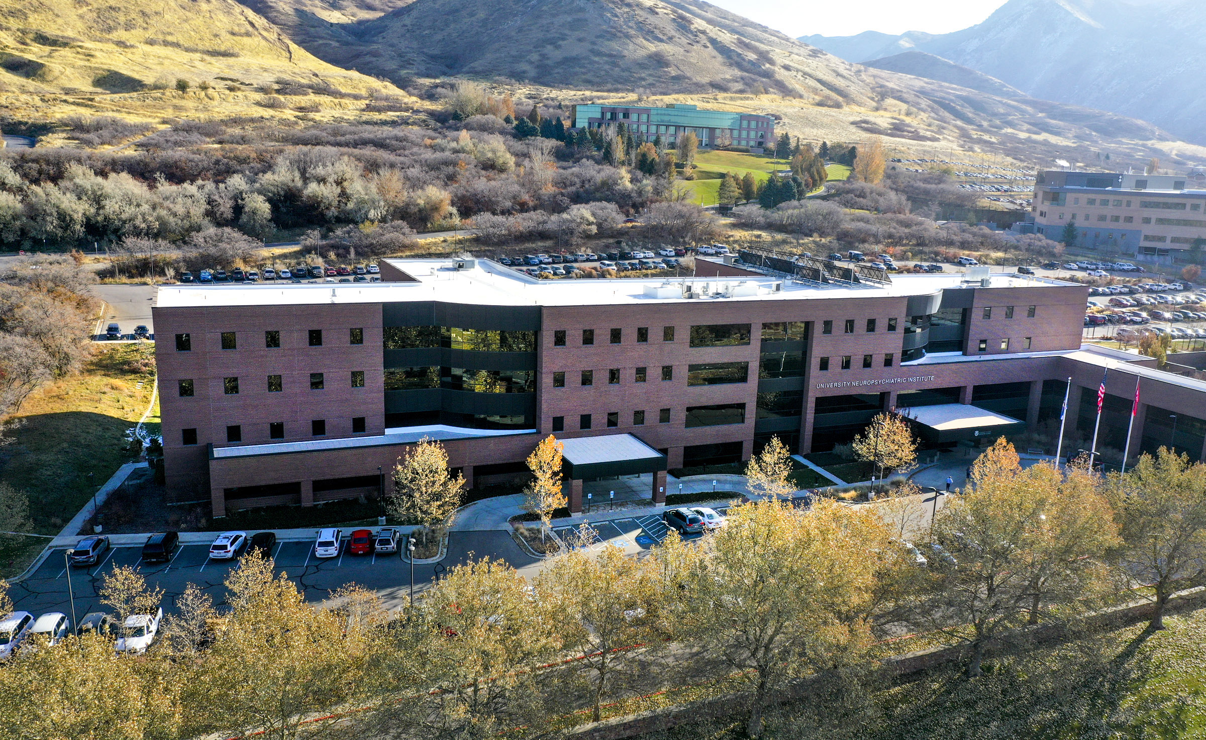 Image of the Huntsman Mental Health Institute on the campus of the University of Utah., which along...