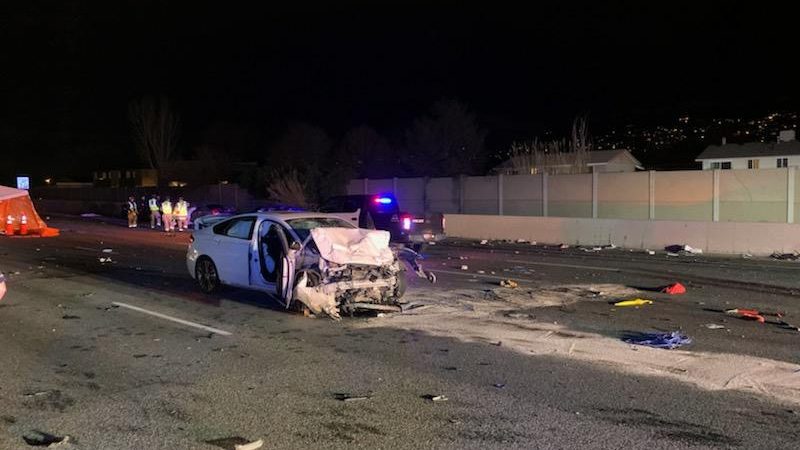 Image of car involved in wrong-way accident on I-15 in Davis County. Photo credit: Utah HighwayPatr...