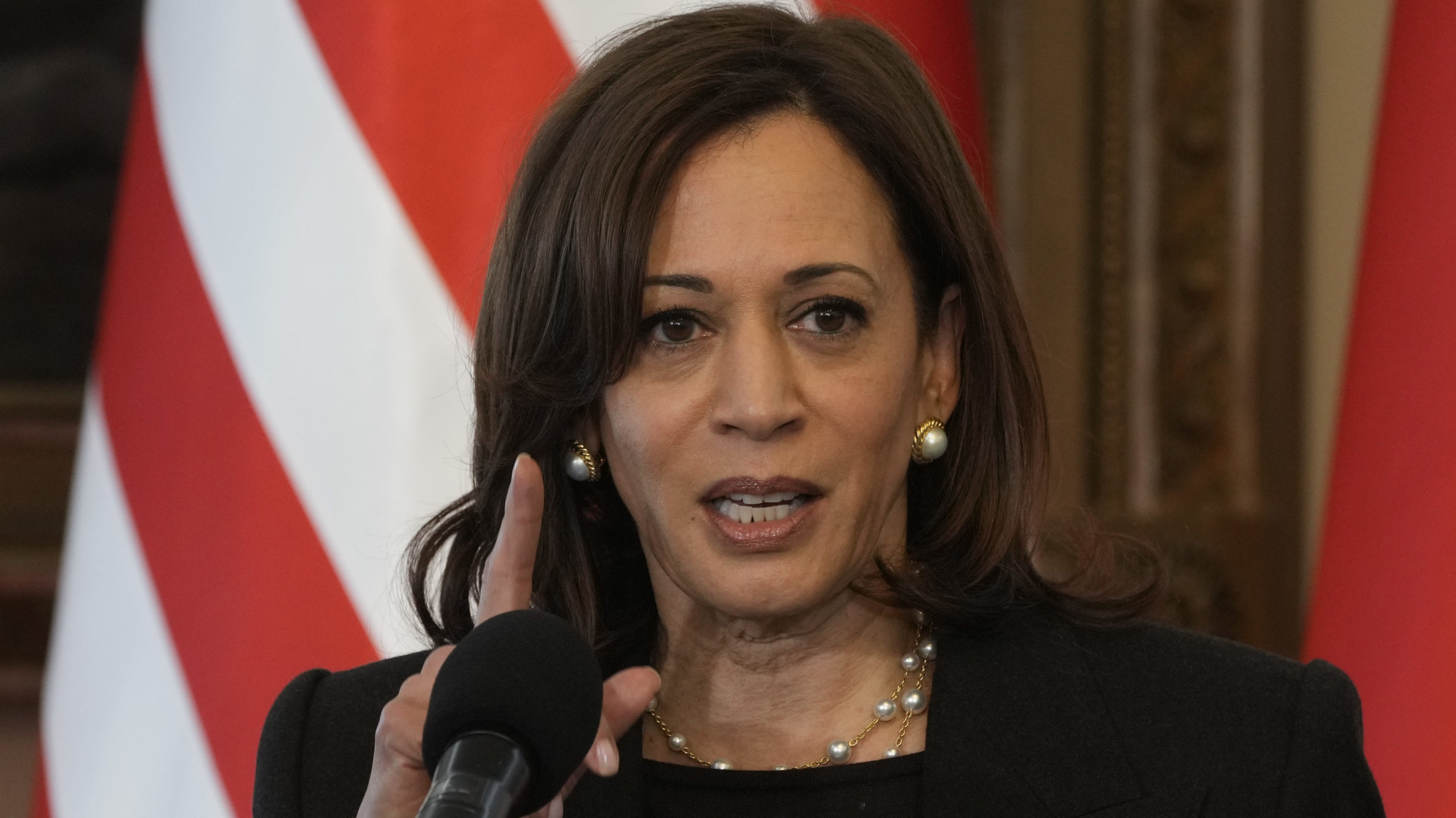 US Vice President Kamala Harris speaks during a joint press conference with Poland's President Andr...