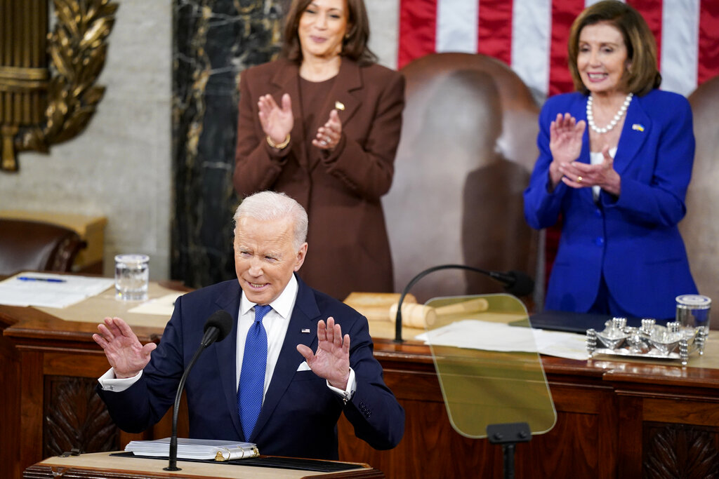 President Joe Biden delivers his State of the Union address to a joint session of Congress at the C...
