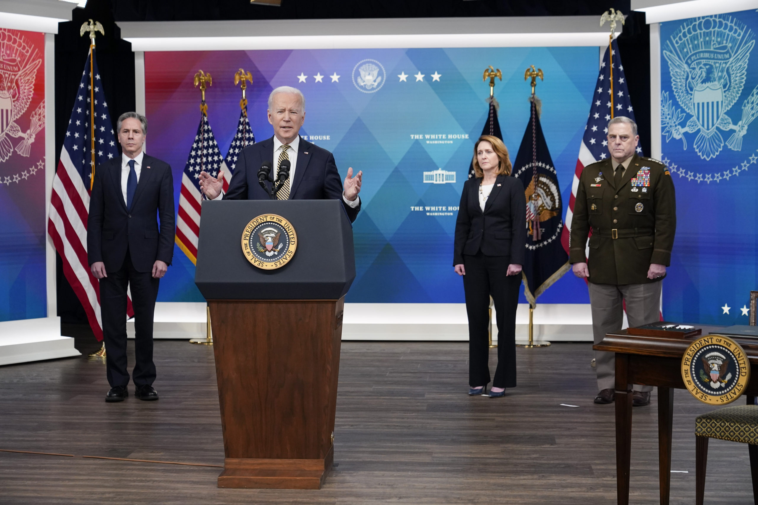 President Joe Biden speaks about additional security assistance that his administration will provid...