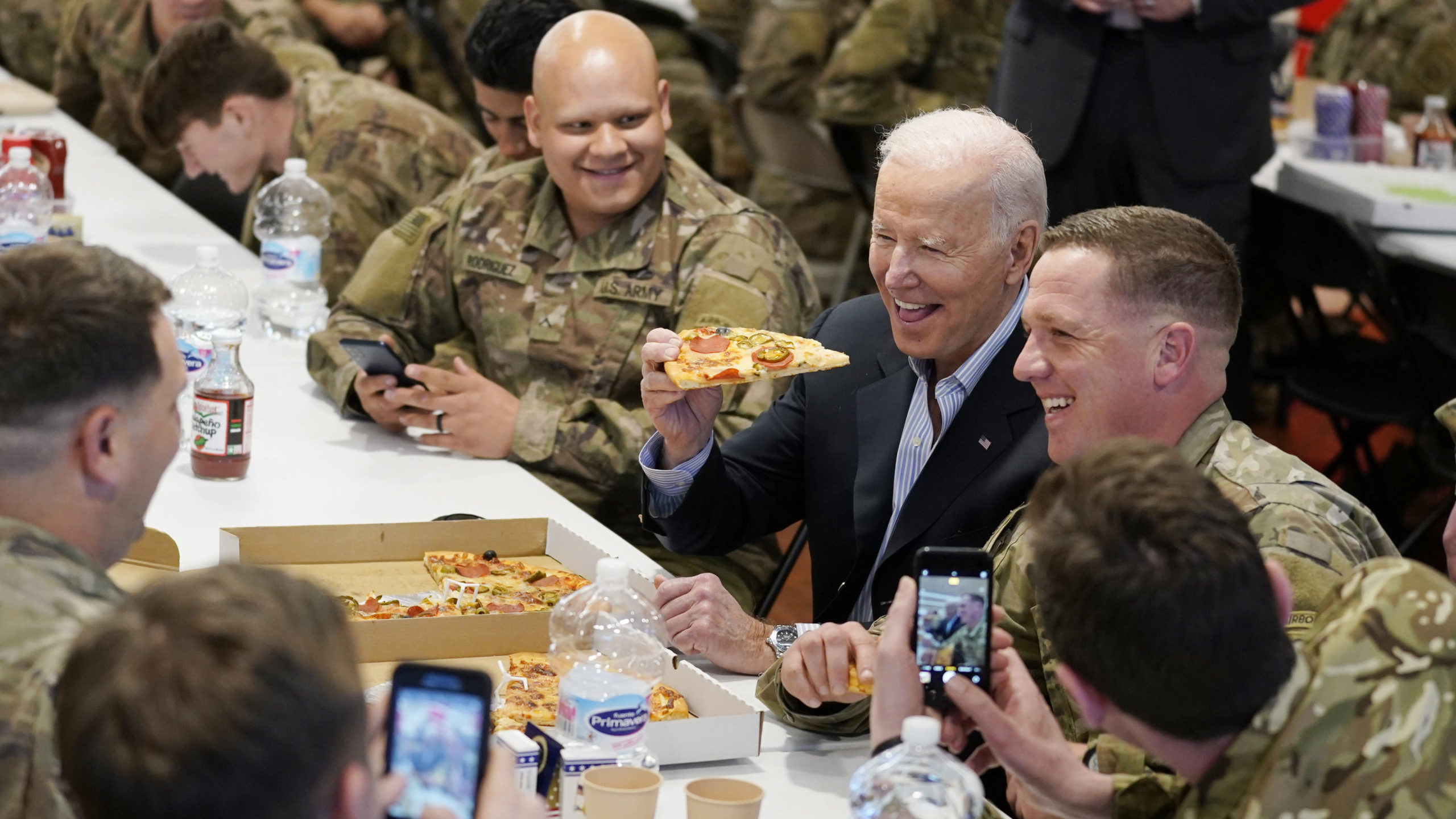 President Joe Biden visits with members of the 82nd Airborne Division at the G2A Arena, Friday, Mar...