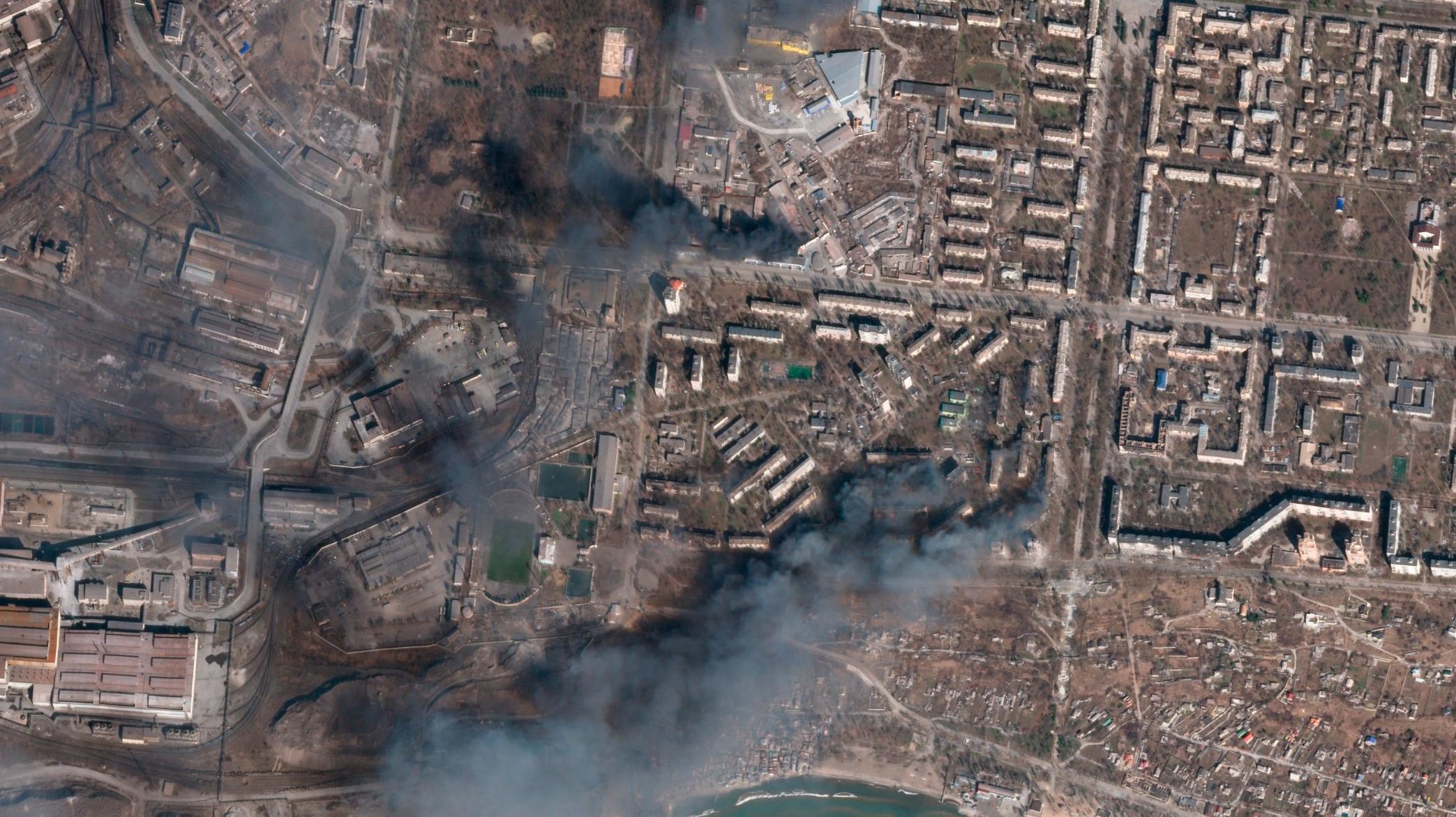 A satellite image from March 20 shows the extent of destruction in Mariupol. Photo credit:  Planet ...