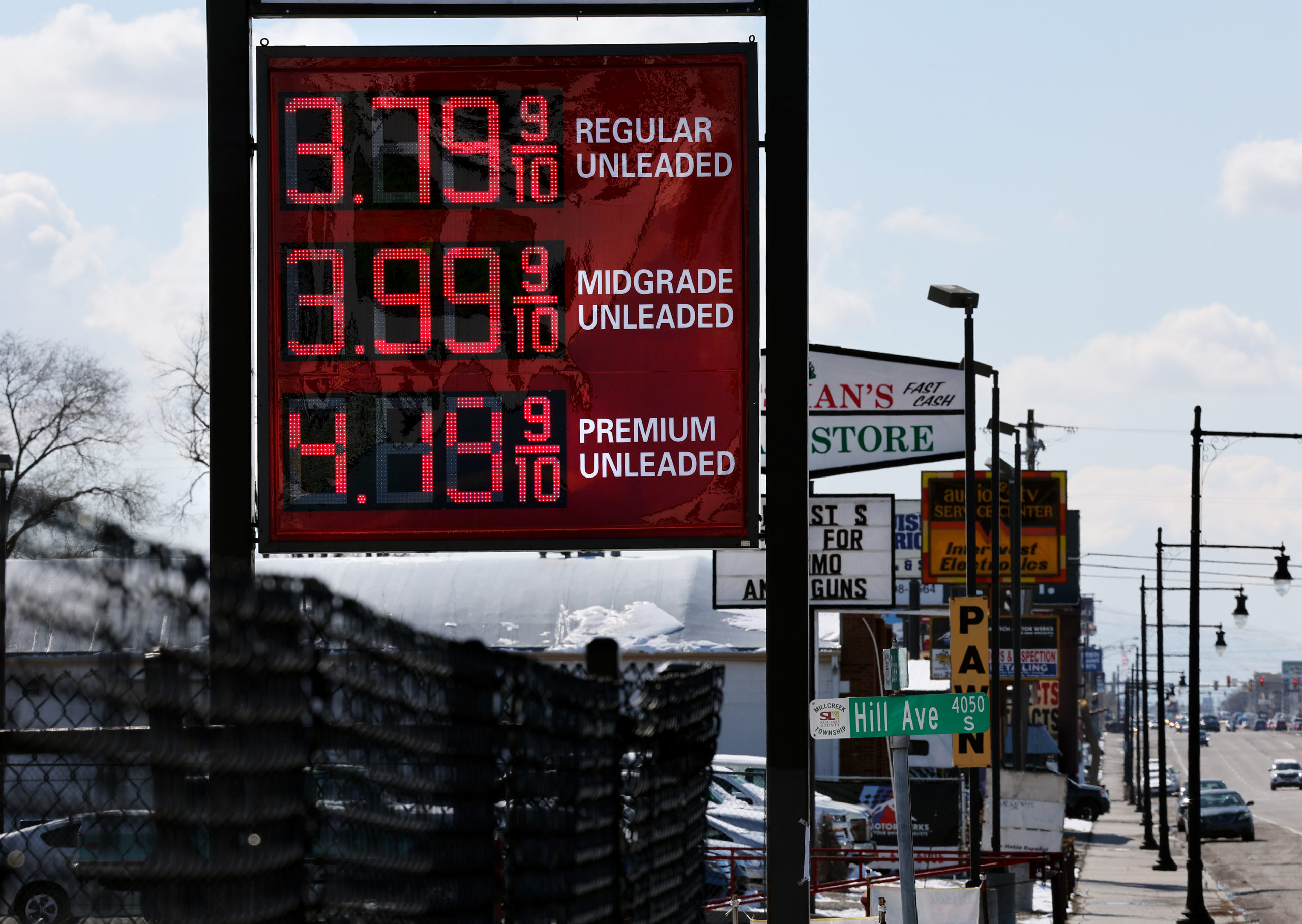 Gas prices in and around Salt Lake City are advertised on Monday, March 7, 2022...