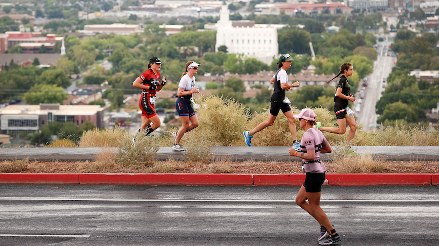 Athletes run during an Ironman event....